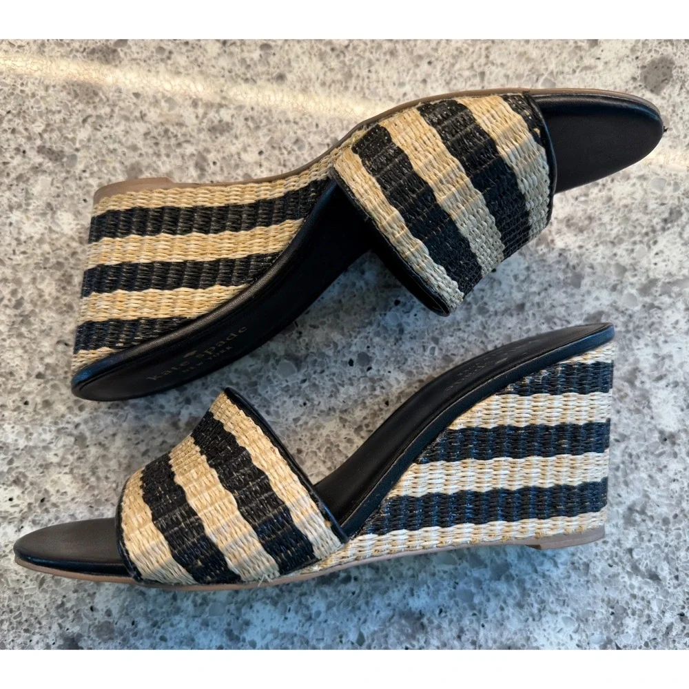 Kate Spade NY Linda Wedge Sandals Black Cream Striped Raffia & Leather Size 6.5M
